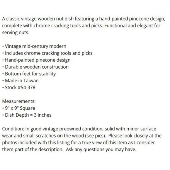 Vintage Wooden Nut Dish 9" Metal Nutcracker Picks MCM Hand-Painted Pinecones - Picture 15 of 15